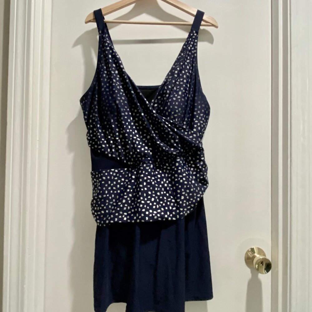 (8) -  Woman Navy + Silver Dots 1 Piece Swimming Dress Skirted Suit 20W 22W 2XL